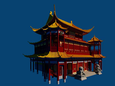 Traditional Chinese Ancient Architecture With Yellow Roof Red Structure Overhanging Eaves And Stone Lions 3d model