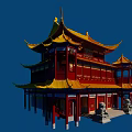 Traditional Chinese Ancient Architecture With Yellow Roof Red Structure Overhanging Eaves And Stone Lions