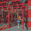Traditional Ancient Architecture Interior With Red Wooden Beams Ornate Carvings And Hanging Lanterns