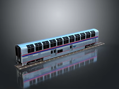 Blue And Silver Model Subway Train With Multiple Black Windows On Gray Reflective Base 3d model