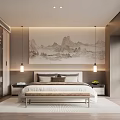 Modern Style Bedroom Interior With Landscape Painting Bed Nightstands And Pendant Lights