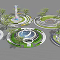 Elegant Square Landscape Design Featuring Circular Areas Fountains Trees And Pathways 3d model