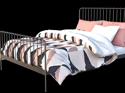 Double Bed with Black Metal Frame and Geometric Pattern Quilt Pink White Pillows 3d model