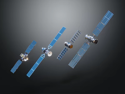 Multiple Satellites With Solar Panels Antennas And Metallic Structures In Space 3d model