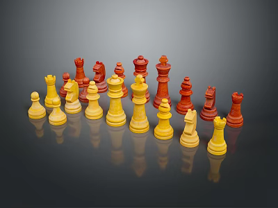 Red And Yellow Chess Pieces Arranged On Black Surface With Clear Reflections 3d model