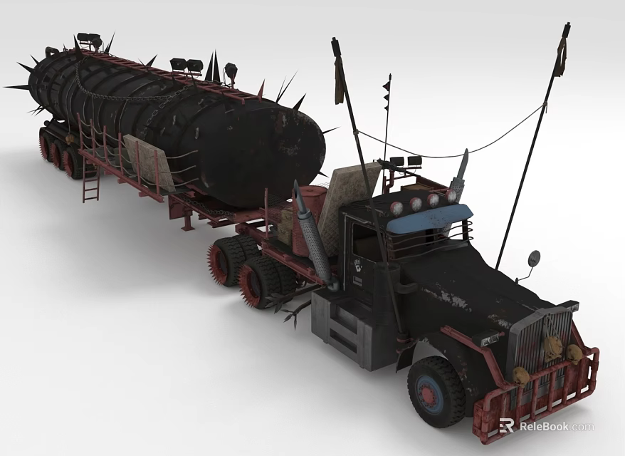 Old Black Spiked Tanker Truck With Industrial Trailer And Rugged Design 3d model 