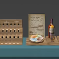 Wooden Display Shelves Showcasing Whiskey Bottles Glasses and Decorative Map