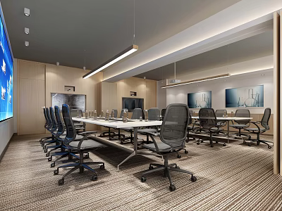 Modern Conference Room Interior With Long Table Ergonomic Chairs Large Screen Display And Wall Art 3d model