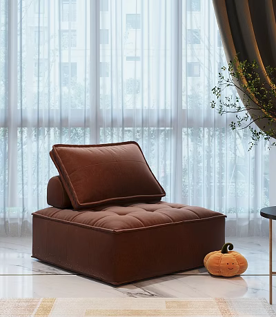 Brown Single Seater Sofa With Plush Cushion In Bright Interior With White Curtains And Pumpkin 3d model