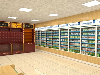 Pharmacy Store Interior With Chinese Medicine Cabinets And Organized Medicine Shelves 3d model
