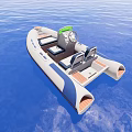 White and Blue Yacht with Open Design Seating Area and Steering Console on Blue Sea
