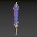 Fantasy Sword with Purple Blade Golden Decorations and Blue Gemstones in Ornate Weapon Design