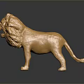 Shiny Golden Lion Statue With Detailed Mane Standing On Dark Reflective Surface