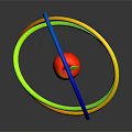 3D Atomic Structure Model With Central Red Sphere And Colorful Hoops Blue Green Yellow Orange