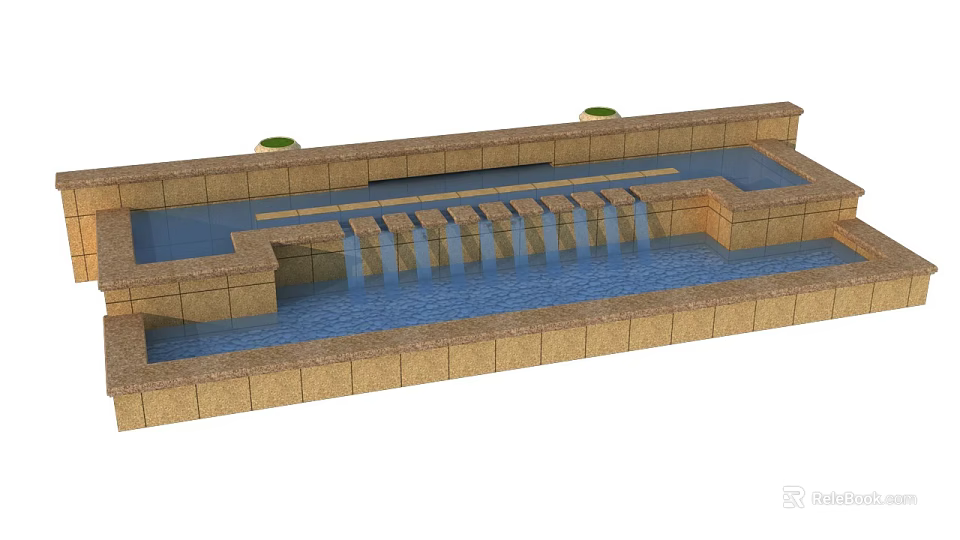 Stone Garden Water Feature With Cascading Steps And Small Green Plants 3d model 