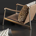 Modern Leisure Chair with Metal Frame Leather Seat and Geometric Pattern Pillow