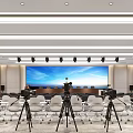 Modern Conference Room Interior With Long Tables Chairs Ceiling Lights And Large Screen 3d model