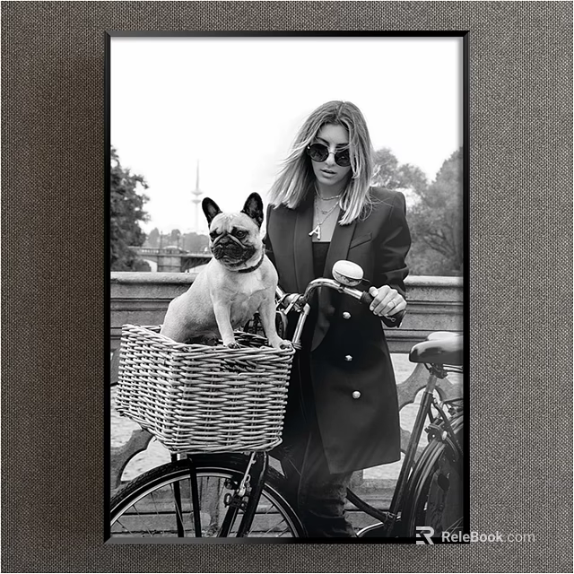 Portrait of Woman With French Bulldog in Bicycle Basket Railing Trees Black and White Style 3d model 