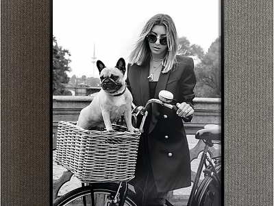 Portrait of Woman With French Bulldog in Bicycle Basket Railing Trees Black and White Style 3d model