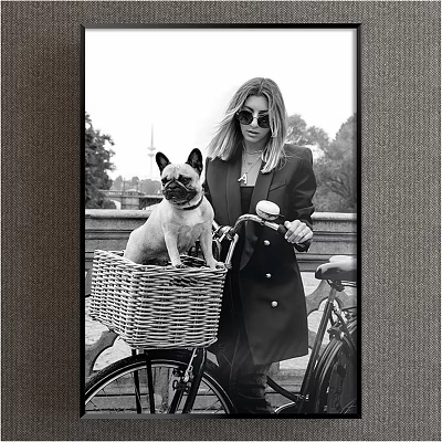 Portrait of Woman With French Bulldog in Bicycle Basket Railing Trees Black and White Style 3d model