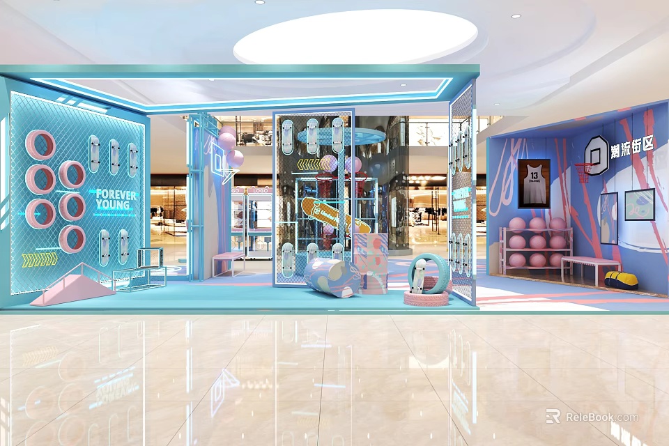Shopping Mall Lobby With Colorful Display Kiosk Pink Blue Decorations Smooth Floor And Bright Lights 3d model 