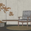 Gray Linen Accent Chair With Wooden Frame And White Sculptural Tree Decoration In Minimalist Interior