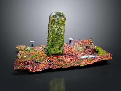 Green Moss Covered Column On Colorful Textured Base With Small White Elements 3d model
