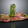 Green Moss Covered Column On Colorful Textured Base With Small White Elements