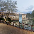 Chinese Style Building Entrance With Light Strip Decoration Stone Pavement And Green Plants