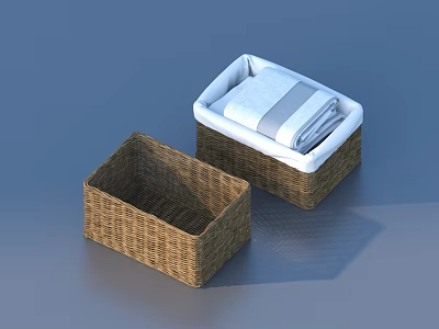 Two Modern Woven Wicker Storage Baskets for Household Items with Folded Towels 3d model