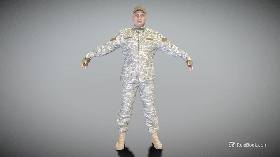 Military Male Character in Camouflage Uniform Standing with Open Arms on Gray Background 3d model 