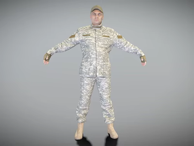 Military Male Character in Camouflage Uniform Standing with Open Arms on Gray Background 3d model