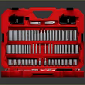 Red Toolbox Set Containing Sockets Wrenches Screwdrivers And Various Tools