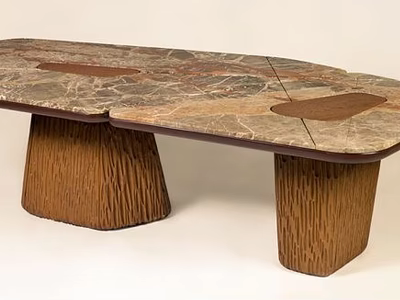 Stylish Dining Table With Marble Top Featuring Natural Patterns And Wooden Textured Legs 3d model