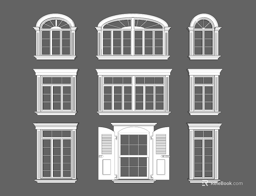 Various Window Design Styles Featuring Arched Rectangular And Shutter Types 3d model