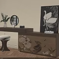 Elegant Dressing Table with Floral Patterned Drawers Round Mirror and Swan Painting