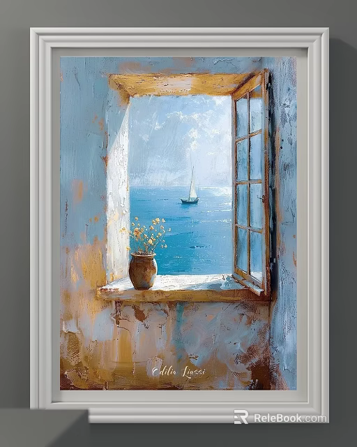 Scenic Landscape Painting With Open Window Blue Sea Sailboat And Vase With Yellow Flowers 3d model 