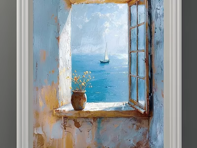Scenic Landscape Painting With Open Window Blue Sea Sailboat And Vase With Yellow Flowers 3d model
