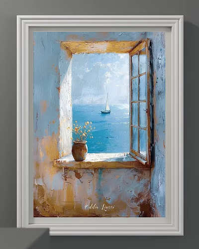 Scenic Landscape Painting With Open Window Blue Sea Sailboat And Vase With Yellow Flowers 3d model