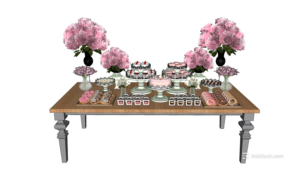 Colorful Dessert Table Arrangement With Pink Flowers And Assorted Sweet Treats 3d model 