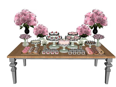 Colorful Dessert Table Arrangement With Pink Flowers And Assorted Sweet Treats 3d model