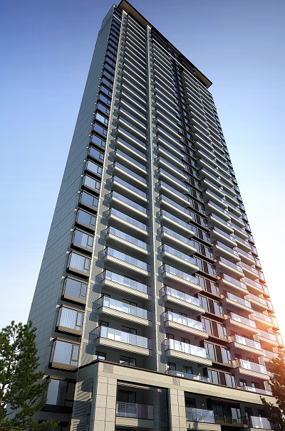 Modern High Rise Residential Building Exterior Design With Glass Windows And Balconies 3d model