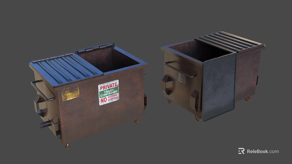 Public Facility Rusty Brown Metal Bins With Private No Dumping Signs And Wheels 3d model 