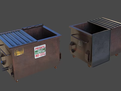 Public Facility Rusty Brown Metal Bins With Private No Dumping Signs And Wheels 3d model