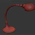 Brown Table Lamp With Curved Leather Arm And Woven Base Round Shade