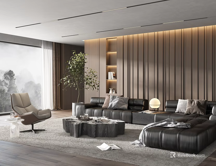 Elegant Modern Living Room Interior With Black Leather Sofa Gray Rug And Wooden Accent Wall 3d model 