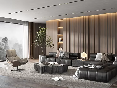 Elegant Modern Living Room Interior With Black Leather Sofa Gray Rug And Wooden Accent Wall 3d model