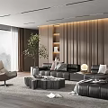 Elegant Modern Living Room Interior With Black Leather Sofa Gray Rug And Wooden Accent Wall