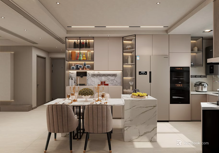 Elegant Modern Kitchen Interior With Marble Island Dining Table Chairs And Appliances 3d model