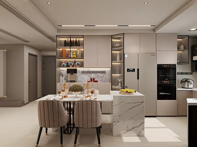 Elegant Modern Kitchen Interior With Marble Island Dining Table Chairs And Appliances 3d model